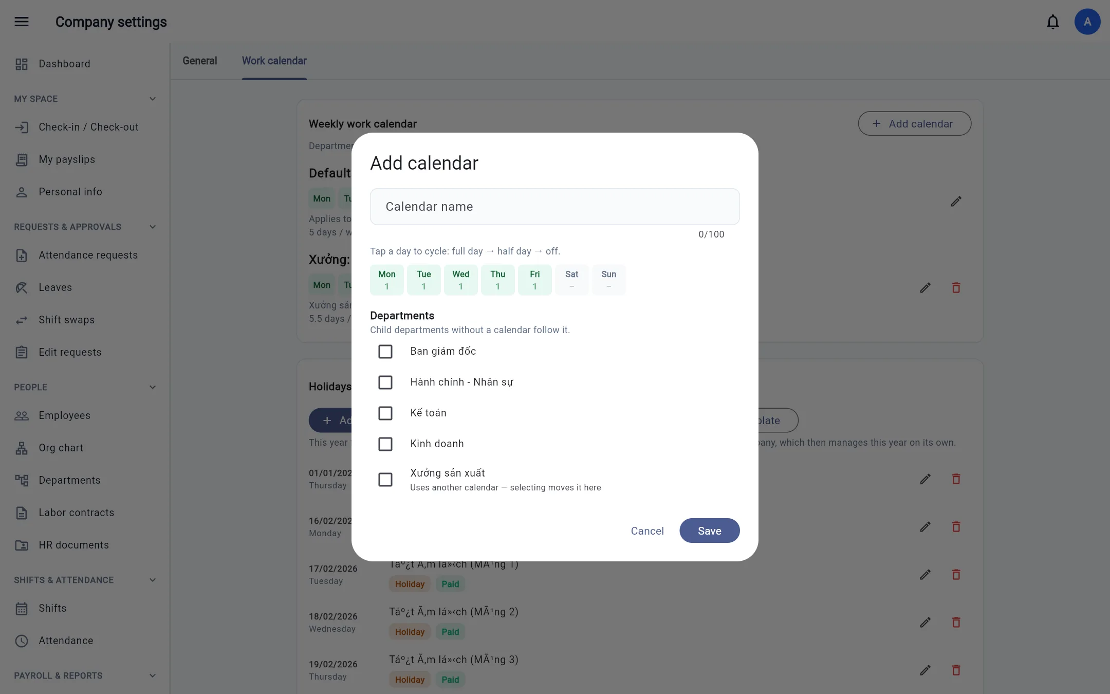 Add a work calendar