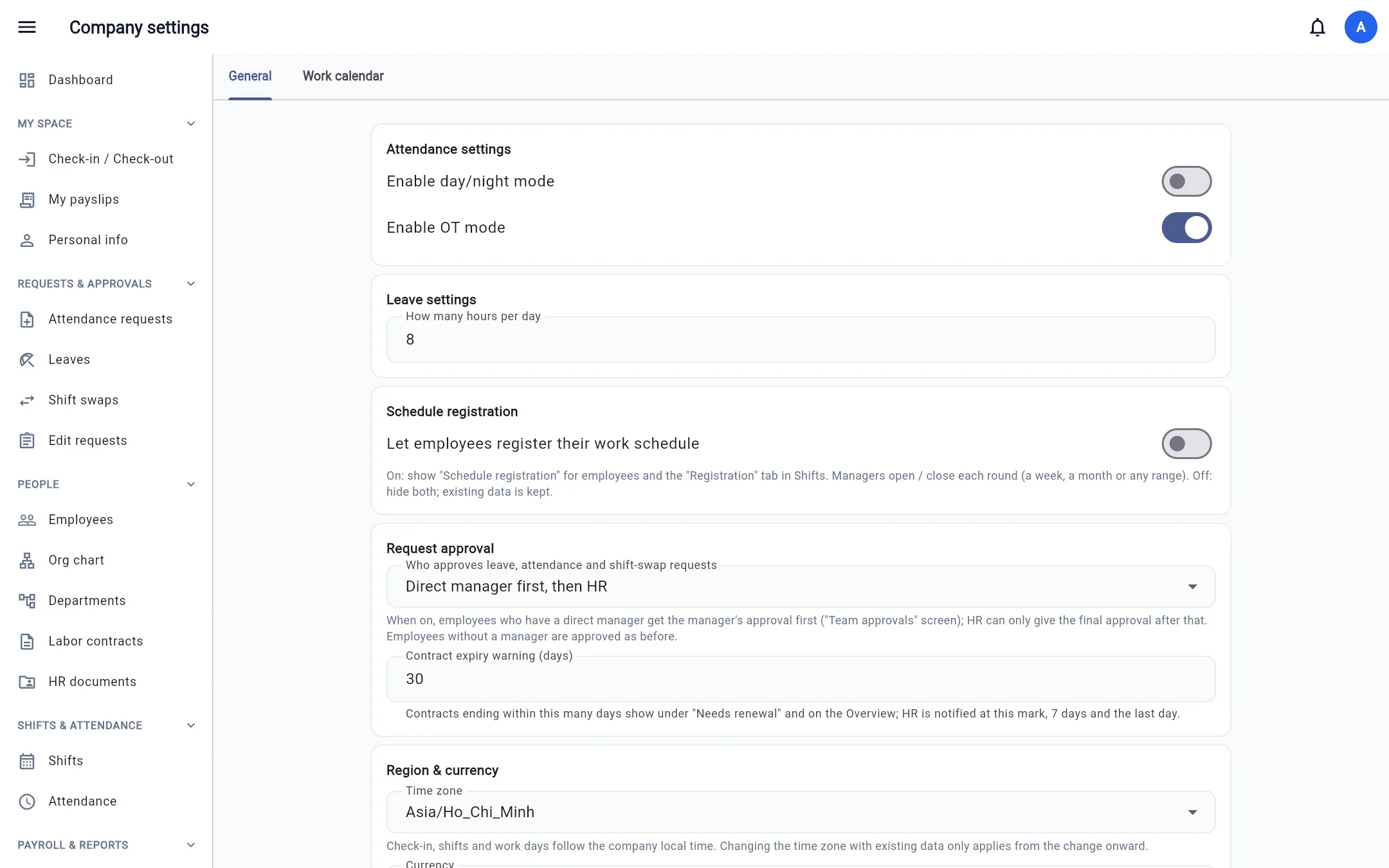 Attendance, leave and approver settings